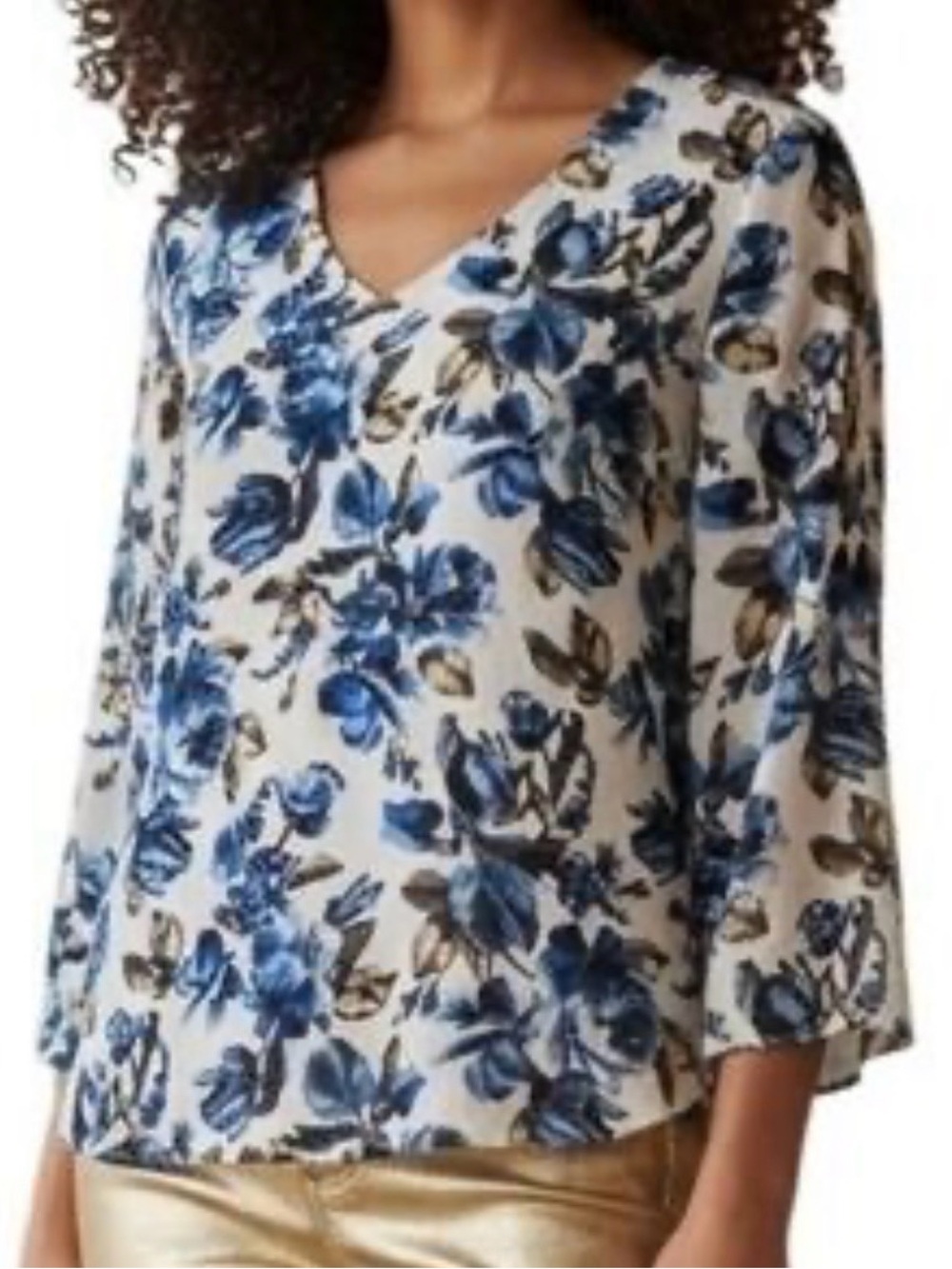 White House Black Market Women’s Floral Blouse Size 0 V Neck Bell Sleeve Career